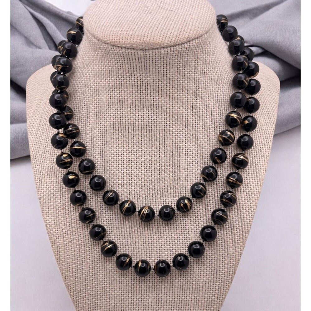 Vintage Black & Gold Beaded Necklace Strand with Gold Swirl Accents